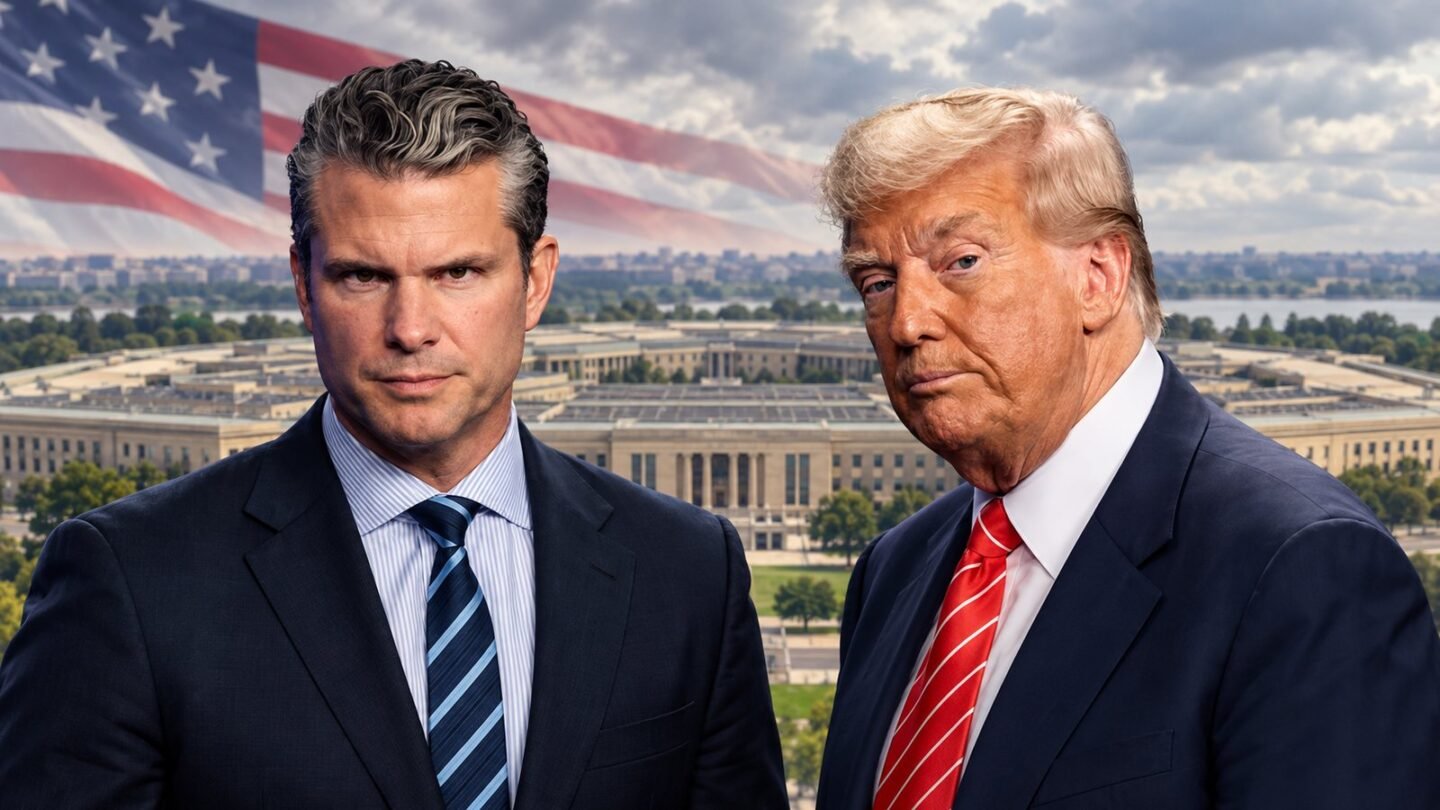 Editorial illustration of Donald Trump and Pete Hegseth in front of the Pentagon.