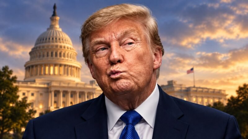 AI-assisted editorial illustration of Donald Trump with the U.S. Capitol in the background.