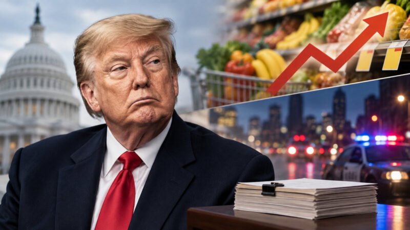 Donald Trump in an illustration examining a Trump impeachment claim about inflation and crime
