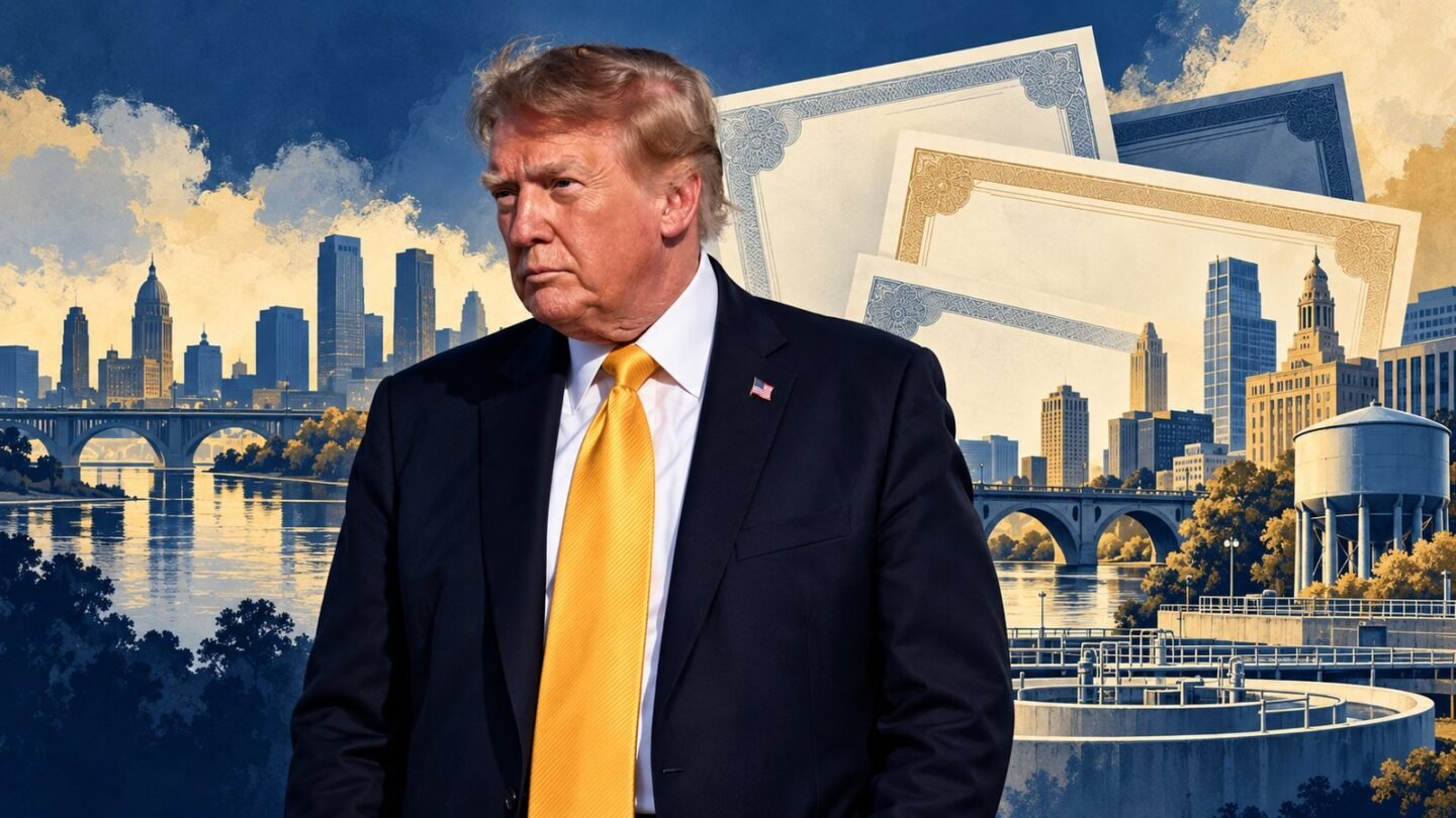 AI-assisted editorial illustration of Donald Trump with municipal bond documents and a city backdrop, representing scrutiny of Trump municipal bonds.