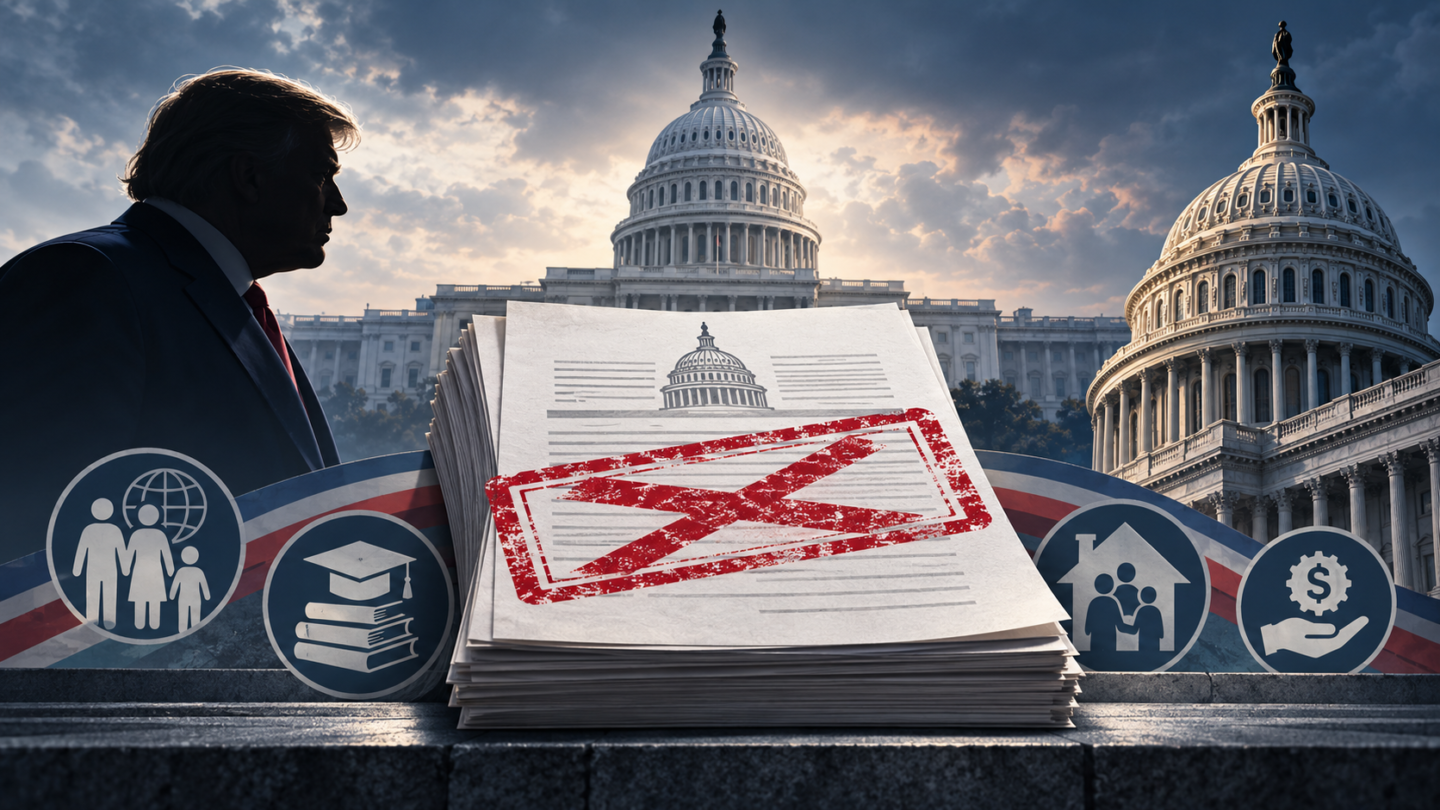 Editorial illustration showing Donald Trump, the U.S. Capitol and a canceled federal budget document.