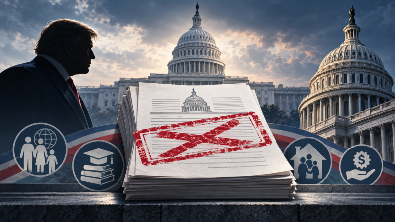 Editorial illustration showing Donald Trump, the U.S. Capitol and a canceled federal budget document.