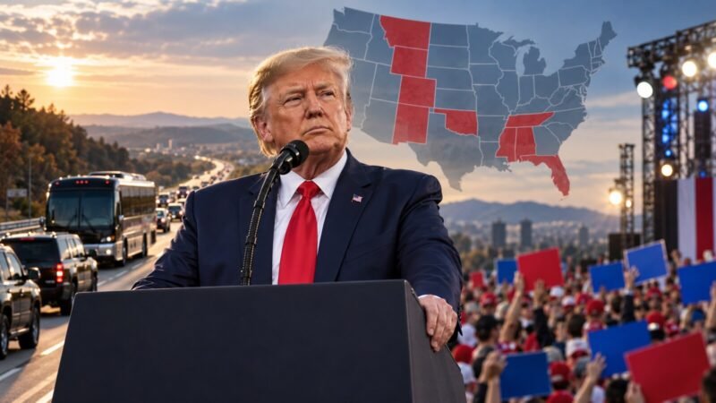 Editorial illustration of Donald Trump preparing for a multi-state campaign swing ahead of the 2026 midterm elections