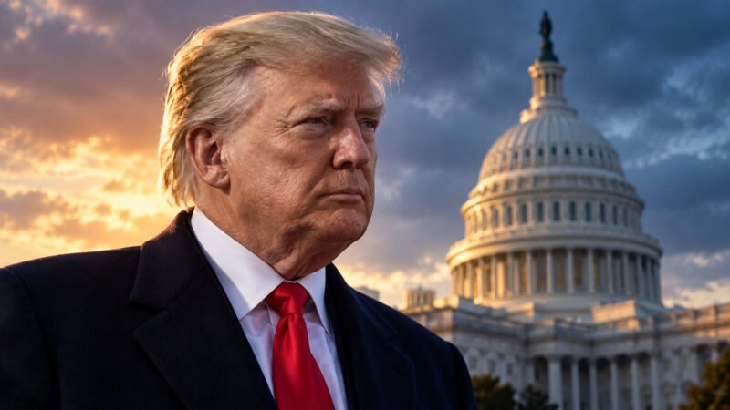 Trump presidential record editorial illustration showing Donald Trump with the U.S. Capitol