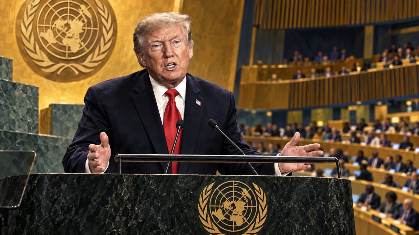 Editorial illustration of Donald Trump speaking at the United Nations General Assembly.