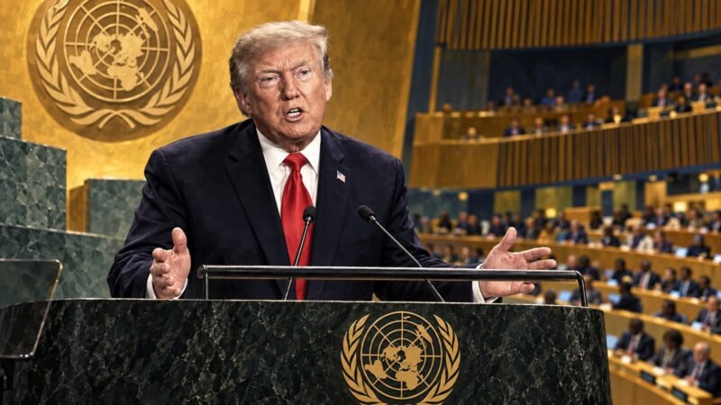 Editorial illustration of Donald Trump speaking at the United Nations General Assembly.