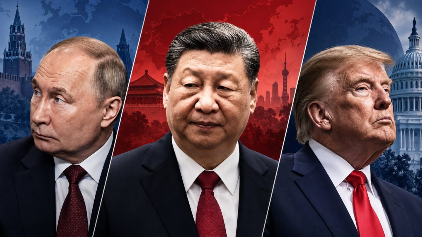 AI-assisted editorial illustration showing Donald Trump, Xi Jinping and Vladimir Putin in separate portrait panels.