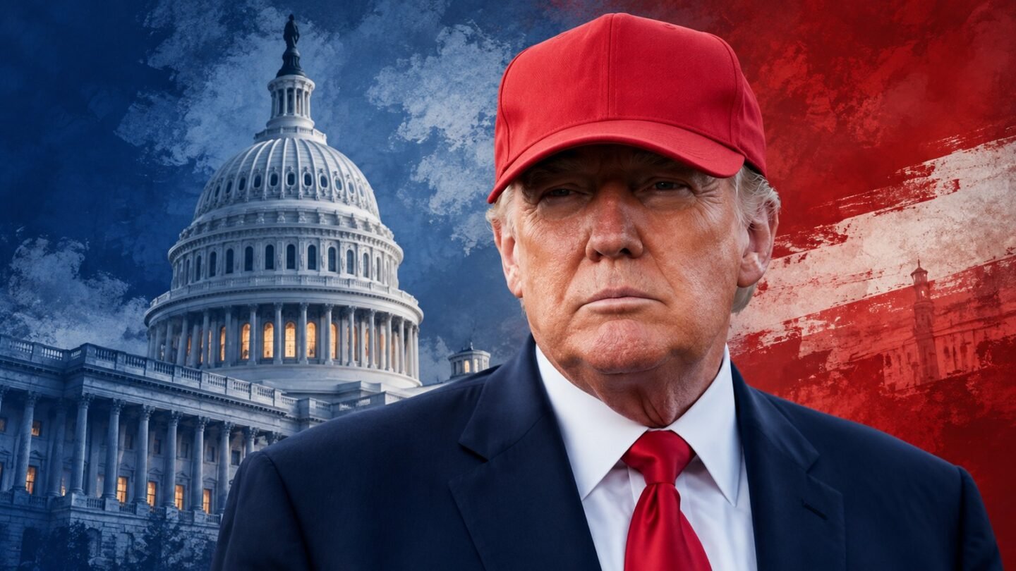 AI-assisted editorial illustration of Donald Trump and the U.S. Capitol for an explainer on the 2026 midterms.