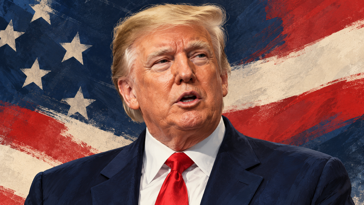Editorial illustration of Donald Trump wearing a navy suit and red tie against an abstract American flag background.