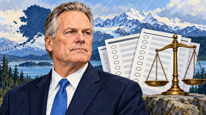 Alaska Governor Mike Dunleavy with symbolic ballots and scales of justice in an AI-assisted editorial illustration about the Alaska Senate probe.