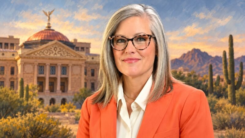 AI-assisted editorial illustration of Katie Hobbs and the Arizona Capitol for an Arizona voter registration fact-check.