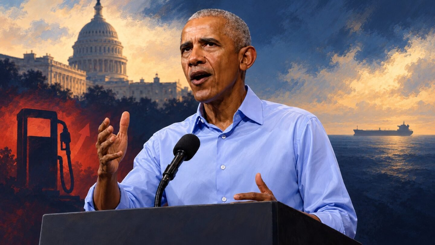 AI-assisted editorial illustration of Barack Obama speaking, with symbols of fuel costs, Congress and oil shipping