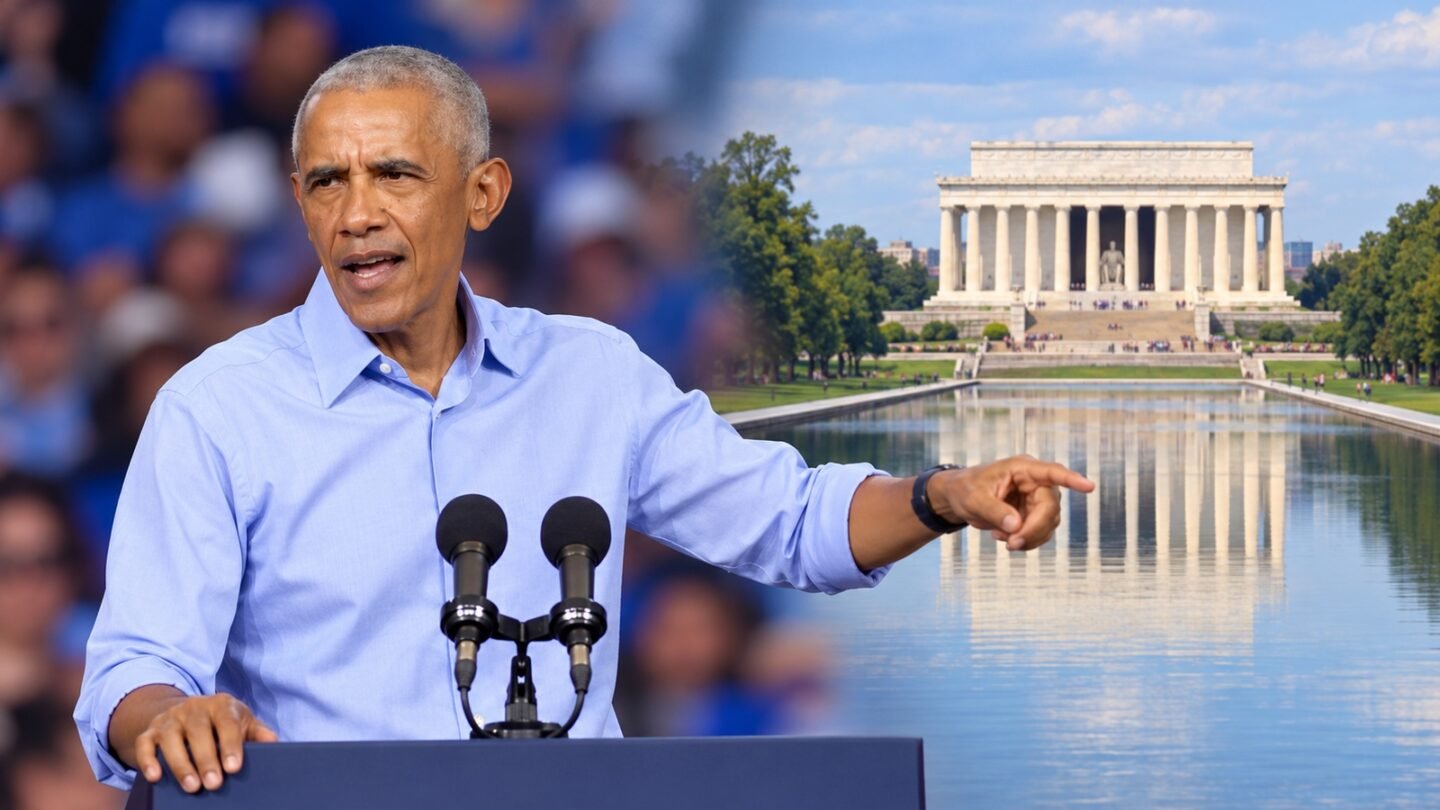 AI-assisted editorial illustration of Barack Obama speaking beside a separate view of the Lincoln Memorial Reflecting Pool.