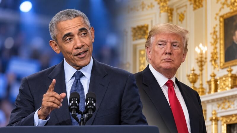 AI-assisted editorial illustration of Barack Obama and Donald Trump in separate settings, representing Obama’s criticism of White House decor.