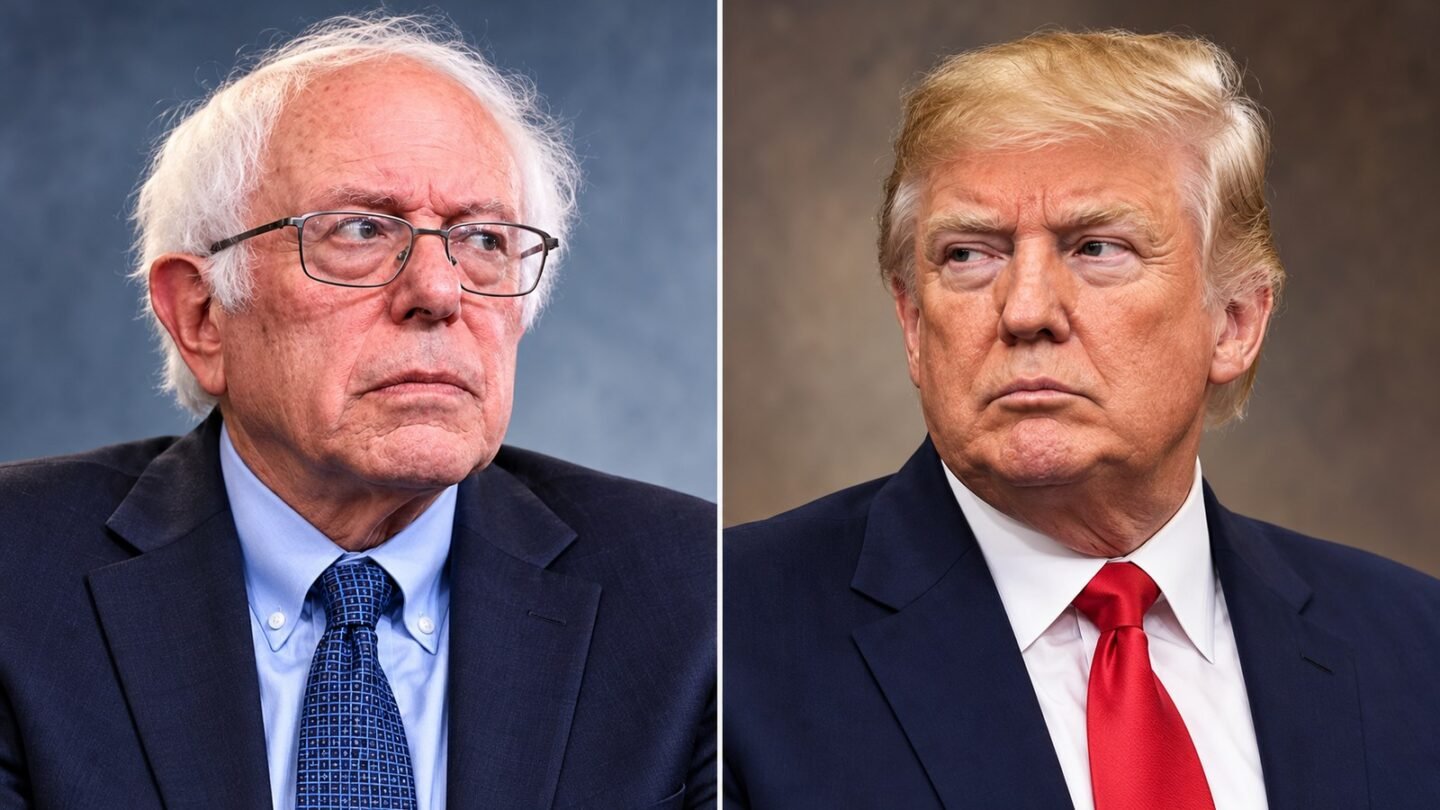 AI-assisted editorial illustration showing Bernie Sanders and Donald Trump in separate portrait panels.