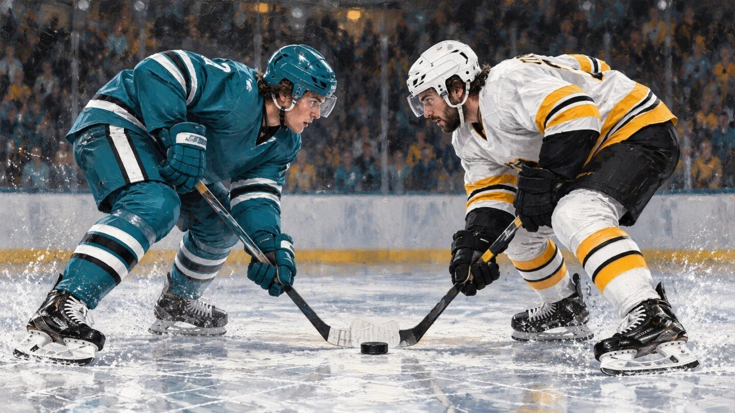 AI-assisted editorial illustration of a Bruins vs Sharks faceoff, with players in Boston white and San Jose teal.