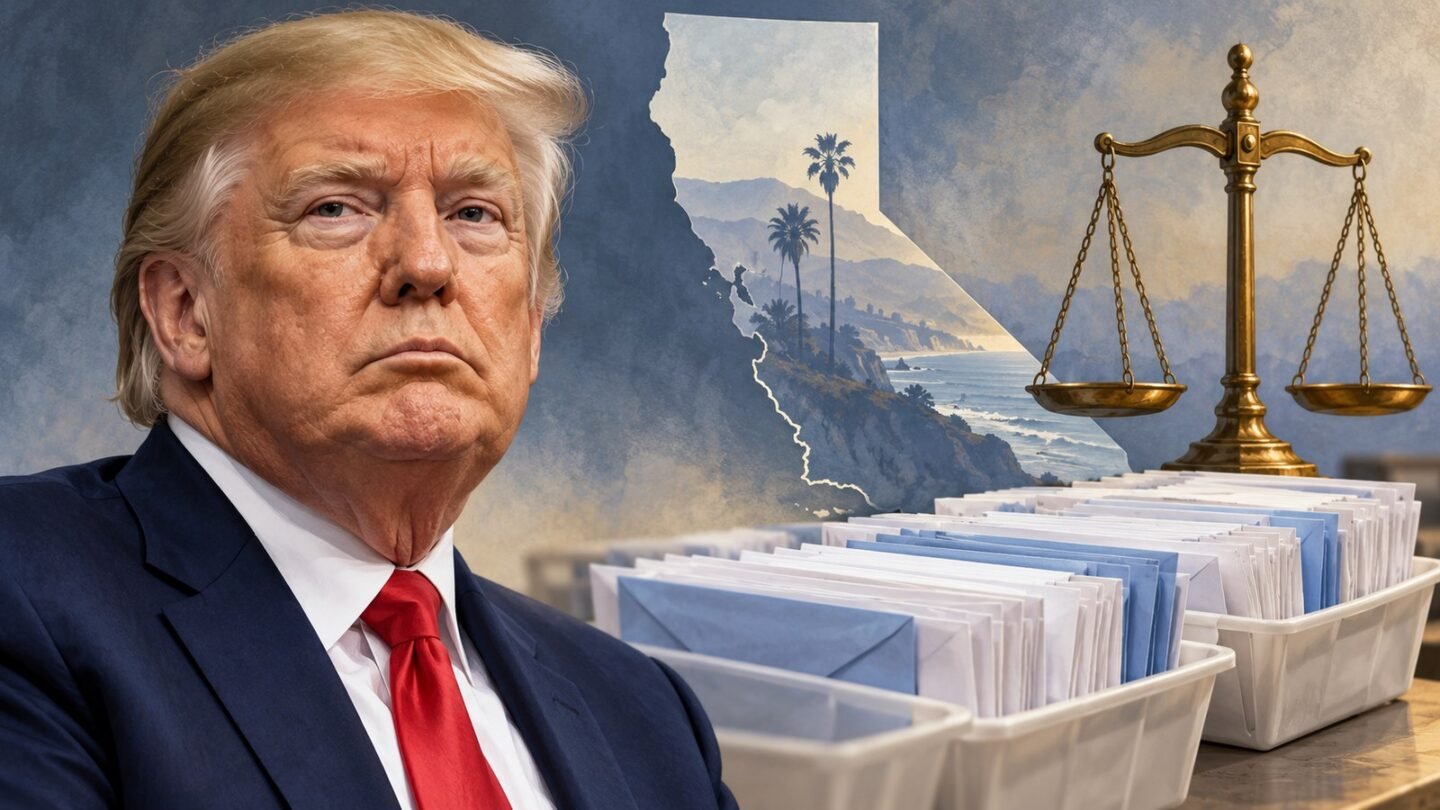 AI-assisted editorial illustration of Donald Trump, California ballots and scales of justice representing the disputed ballot-counting case.