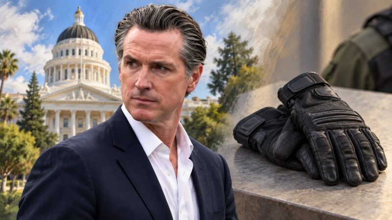 AI-assisted editorial illustration of Gavin Newsom and tactical gloves for coverage of California’s shock glove ban.