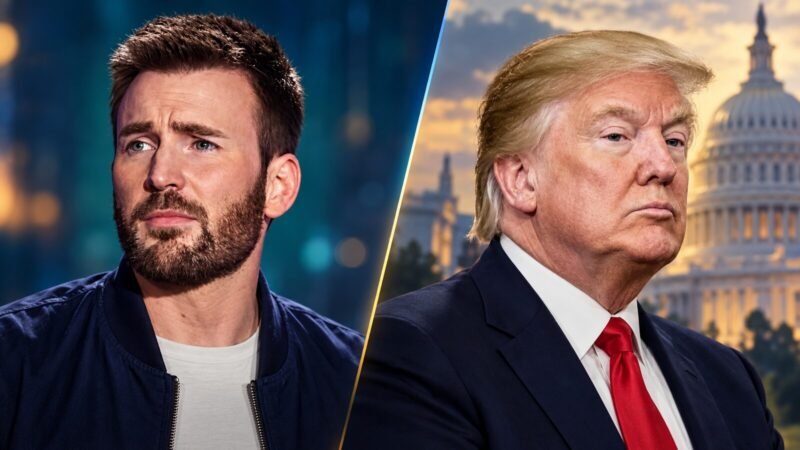 Editorial illustration representing Chris Evans criticism of Trump, with separate portraits of both men.
