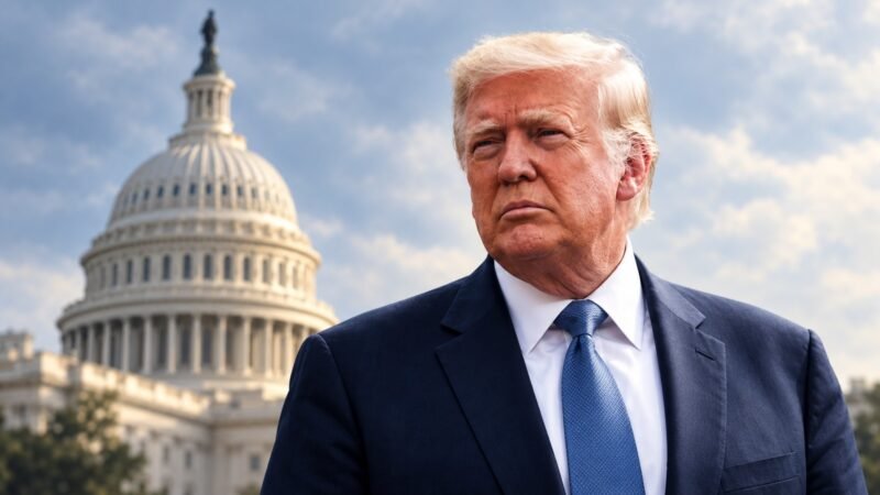 AI-assisted editorial illustration of Donald Trump with the U.S. Capitol, accompanying an explainer about Congress and impeachment.