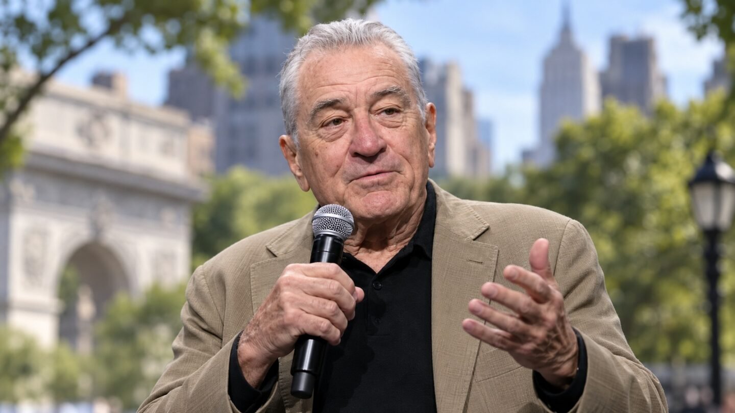 Editorial illustration of Robert De Niro holding a microphone, representing De Niro criticism of Trump over Epstein records