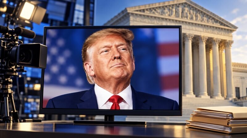 Editorial illustration of Trump on a television beside courthouse imagery, representing the DNC ads lawsuit.