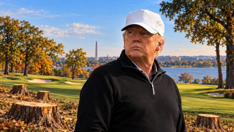 AI-assisted editorial illustration of Donald Trump, tree stumps and a public golf landscape representing East Potomac tree removal.
