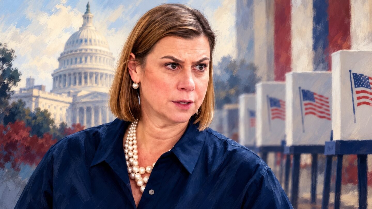 AI-assisted editorial illustration of Elissa Slotkin with the Capitol and symbolic voting booths
