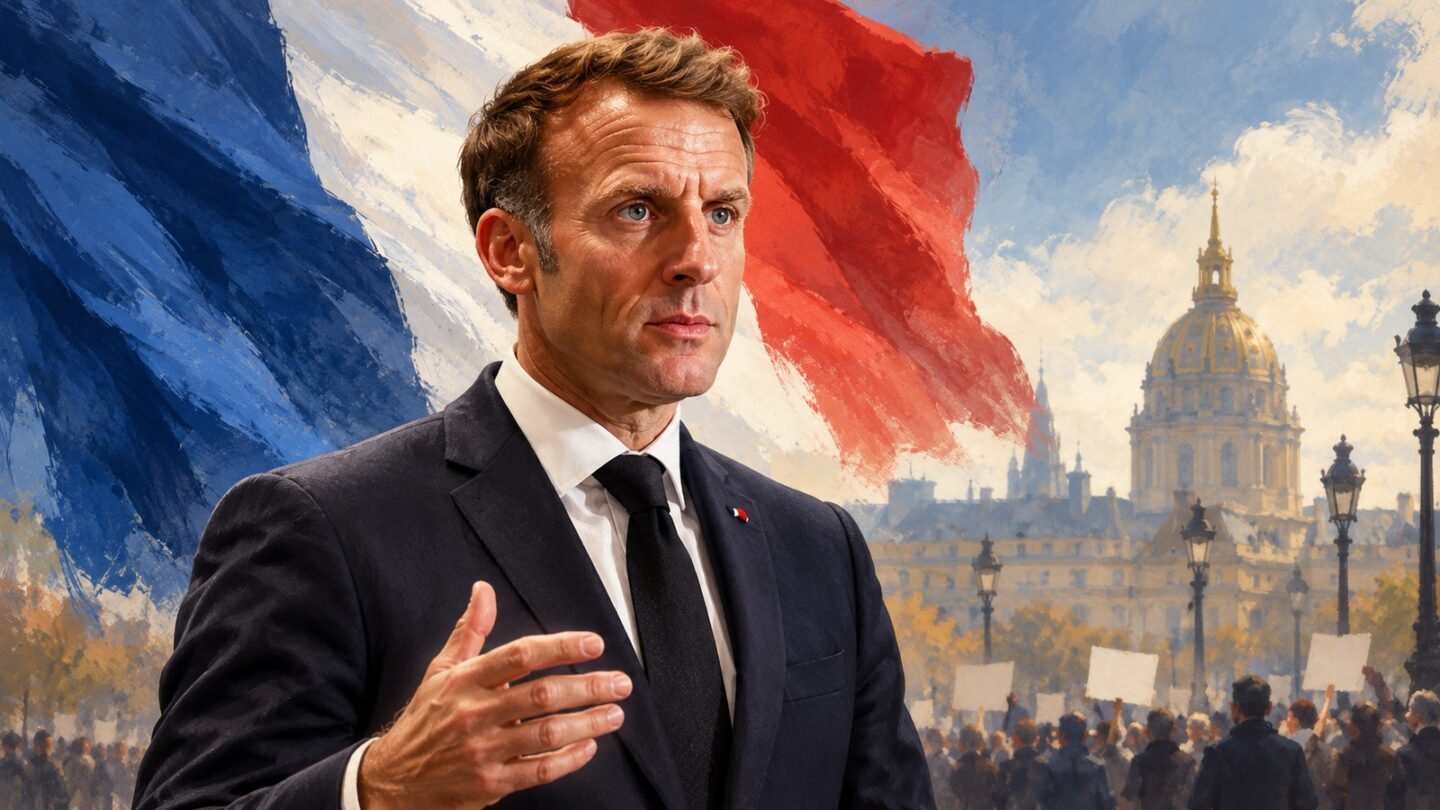 AI-assisted editorial illustration of Emmanuel Macron with French flag colors and symbolic peaceful demonstrators in Paris.