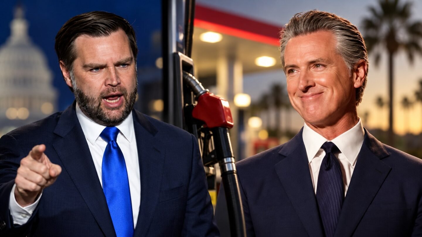 JD Vance and Gavin Newsom in a split editorial illustration about gas prices, with a gasoline nozzle between them