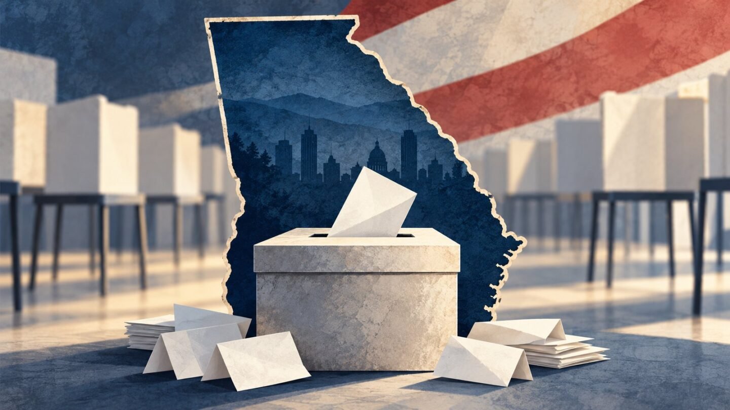 Georgia early voting editorial illustration showing the state outline, paper ballots and a ballot box.