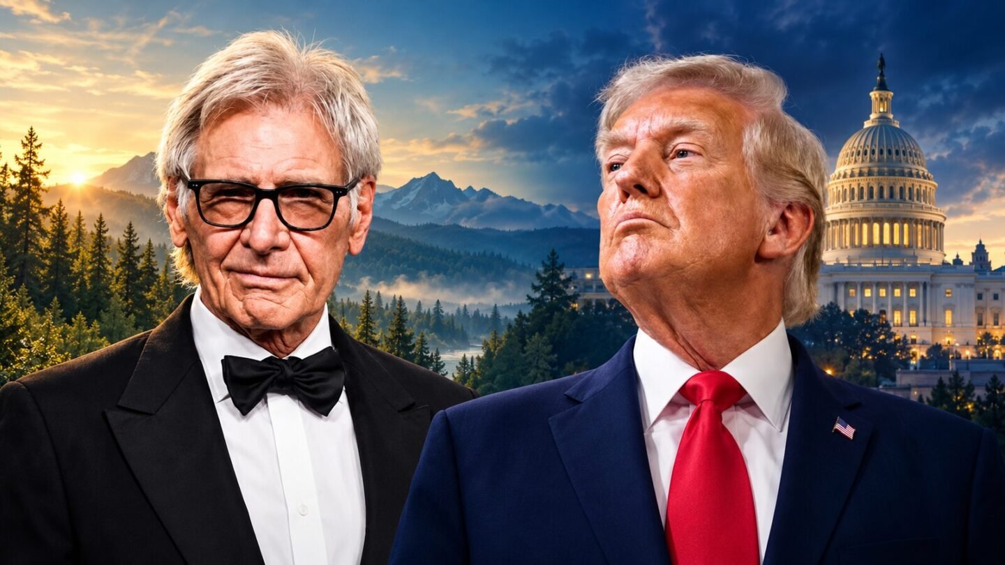 Editorial portraits of Harrison Ford and Donald Trump accompanying an article about Harrison Ford on Trump and climate policy