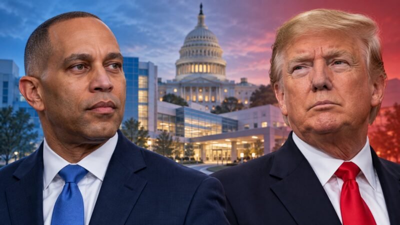 Hakeem Jeffries and Donald Trump in an editorial illustration about healthcare costs before Midterm Elections 2026