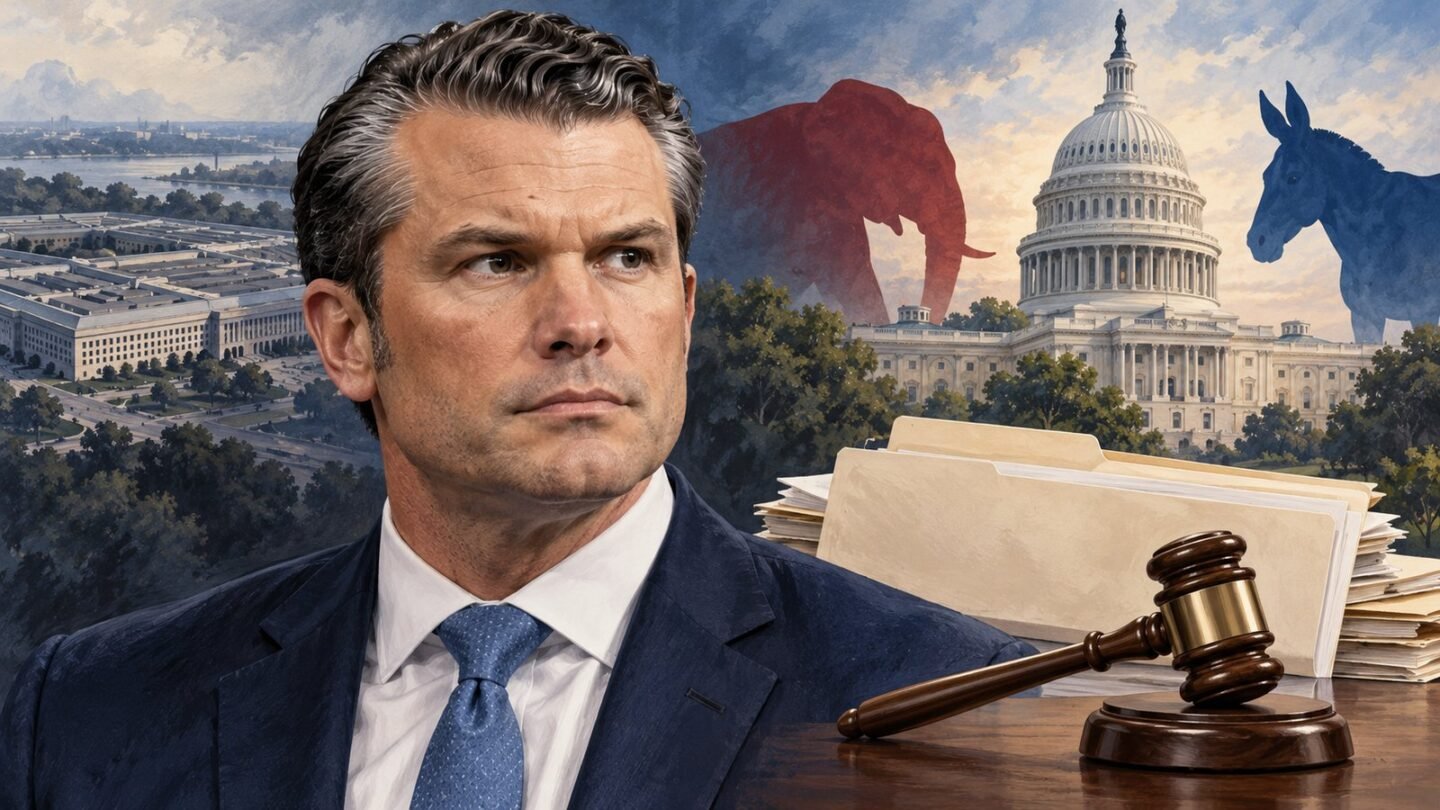 Pete Hegseth with symbolic congressional documents, a gavel and government landmarks in an editorial illustration about the Hegseth impeachment push.