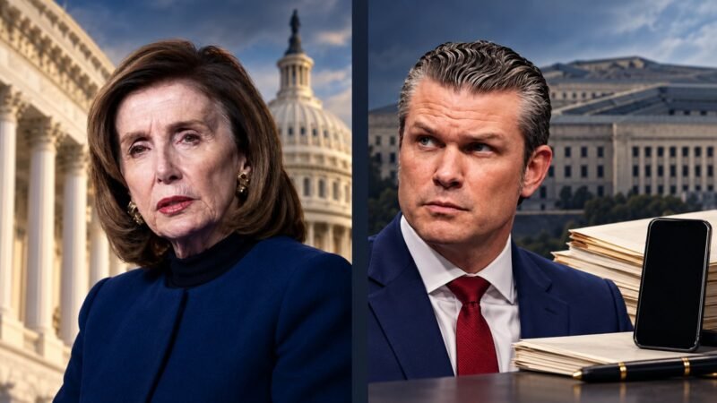 AI-assisted editorial illustration of Nancy Pelosi and Pete Hegseth representing the Hegseth Signal report.