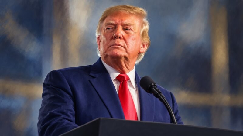 AI-assisted editorial illustration of Donald Trump at a lectern accompanying reporting on the Iran war and its estimated military cost.