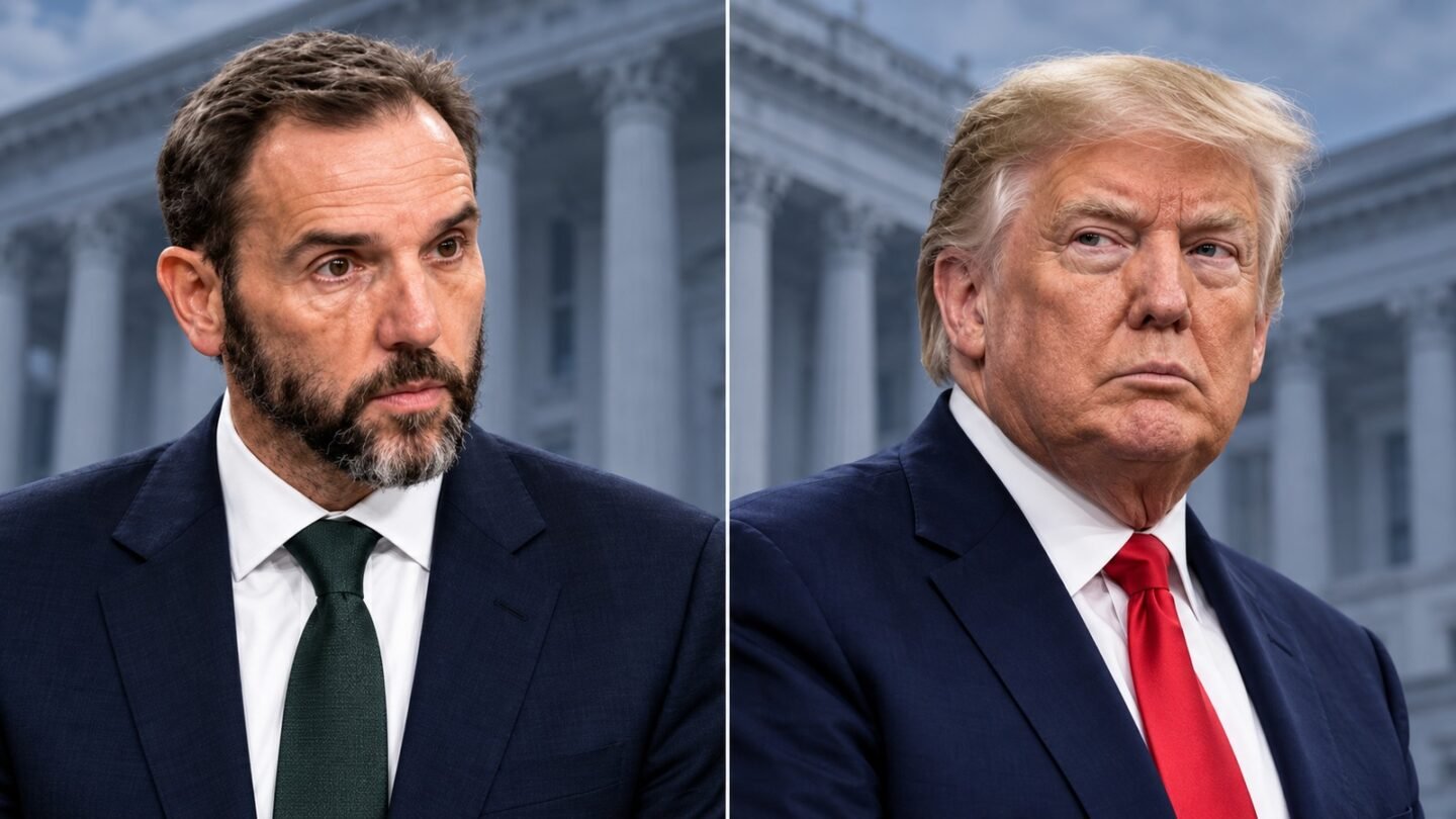 AI-assisted editorial illustration of Jack Smith and Donald Trump in separate portrait panels against a courthouse background.