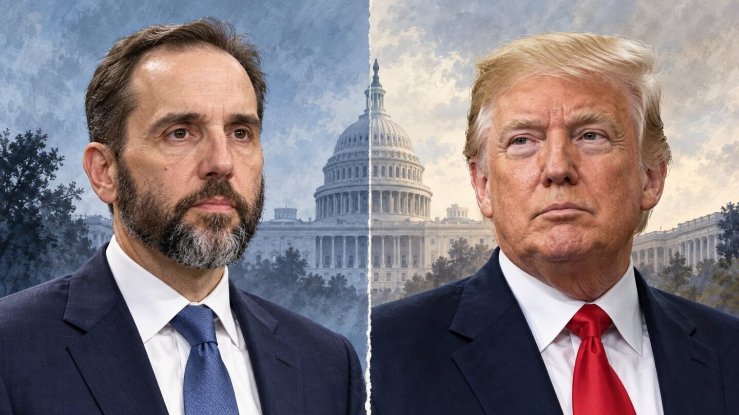 Jack Smith and Donald Trump in separate editorial portraits illustrating the investigation dispute before Midterm Elections 2026.
