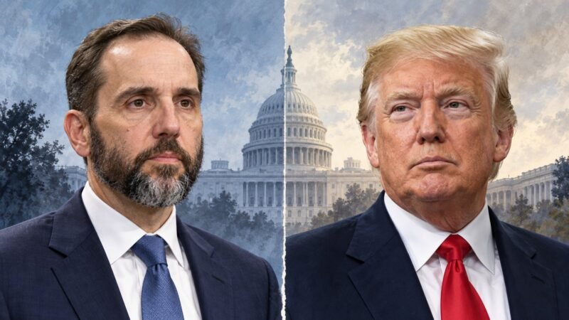 Jack Smith and Donald Trump in separate editorial portraits illustrating the investigation dispute before Midterm Elections 2026.