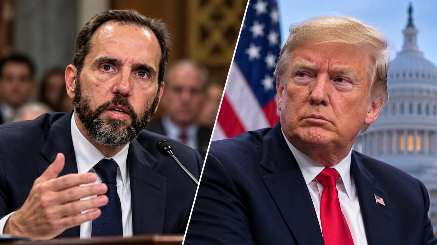AI-assisted editorial illustration of Jack Smith and Donald Trump representing the Jack Smith Trump debate claim after Smith’s Senate testimony.