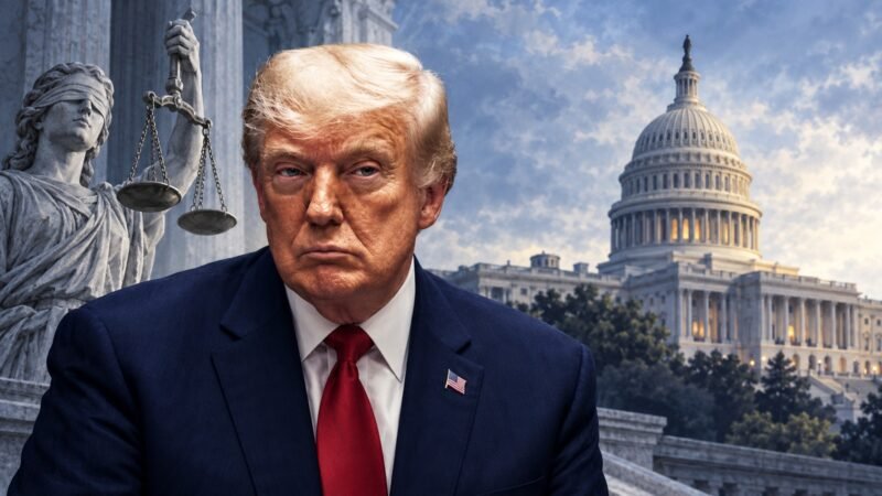 Editorial illustration of Donald Trump, the U.S. Capitol and a justice statue representing January 6 accountability.