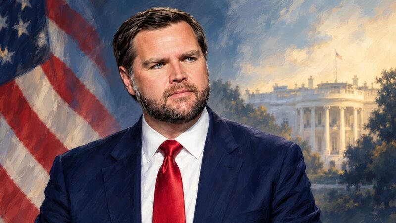 AI-assisted editorial illustration of JD Vance with the White House and American flag, representing discussion of his possible 2028 presidential run.