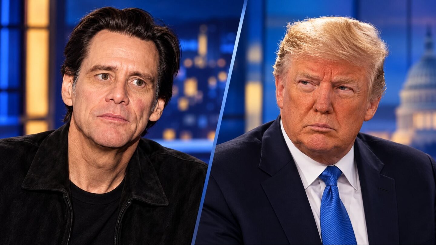 AI-assisted editorial illustration showing separate portraits of Jim Carrey and Donald Trump, representing the Jim Carrey interview from 2020.