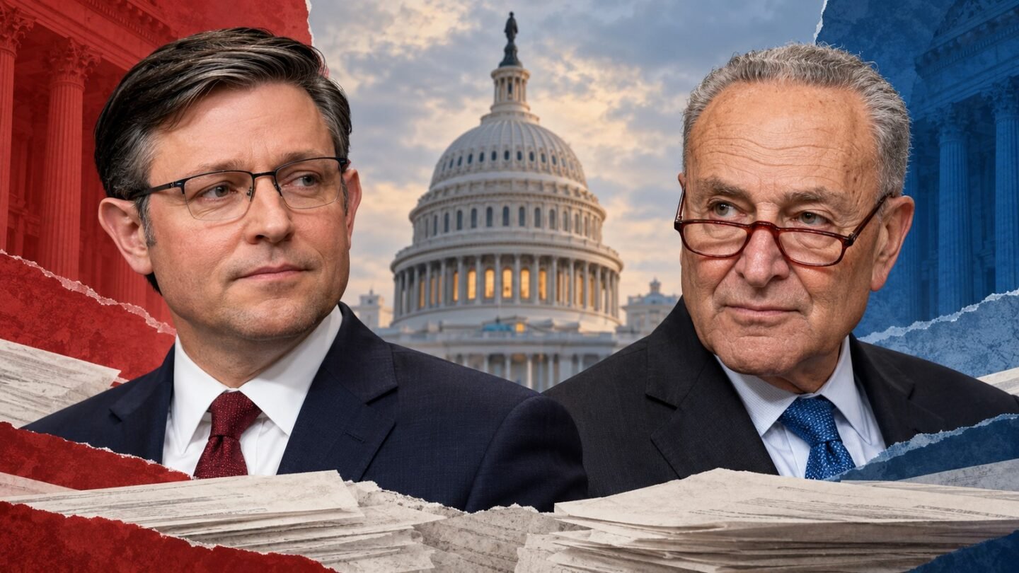 Mike Johnson and Chuck Schumer in an editorial illustration about congressional funding and Midterm Elections 2026