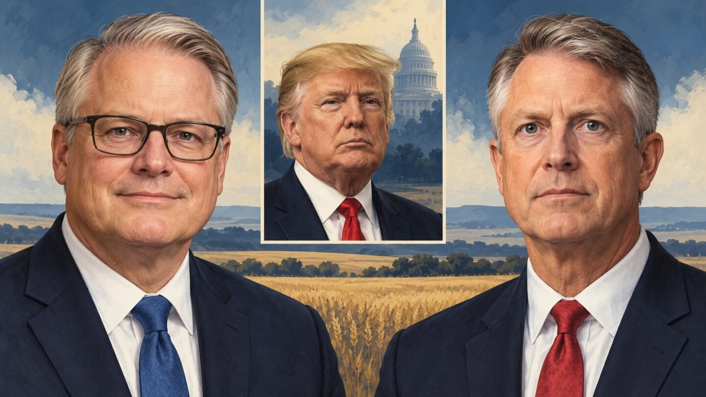 Midterm Elections 2026 editorial illustration of Adam Hamilton, Roger Marshall and Donald Trump in separate portrait panels