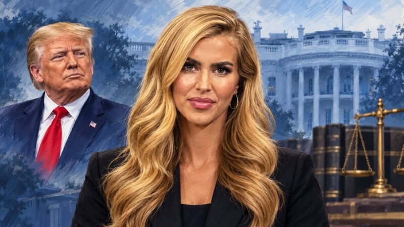 AI-assisted editorial illustration of Katie Zacharia, with Donald Trump and the White House in separate background elements.