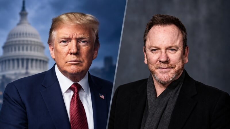 AI-assisted editorial illustration of Donald Trump and Kiefer Sutherland for a Kiefer Sutherland quote fact check.