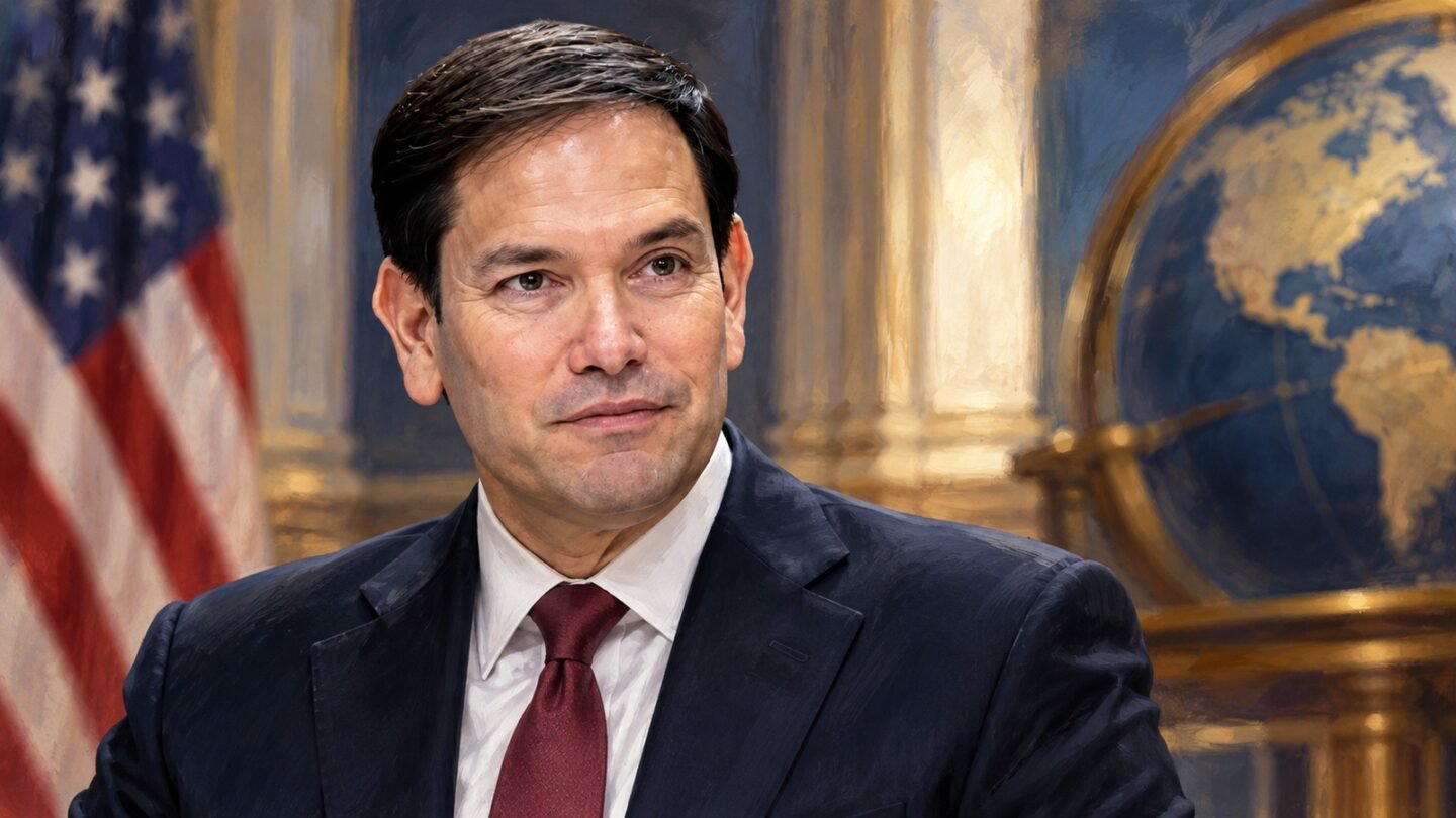 AI-assisted editorial illustration of Marco Rubio with a symbolic diplomatic setting for coverage of Rubio diplomacy.