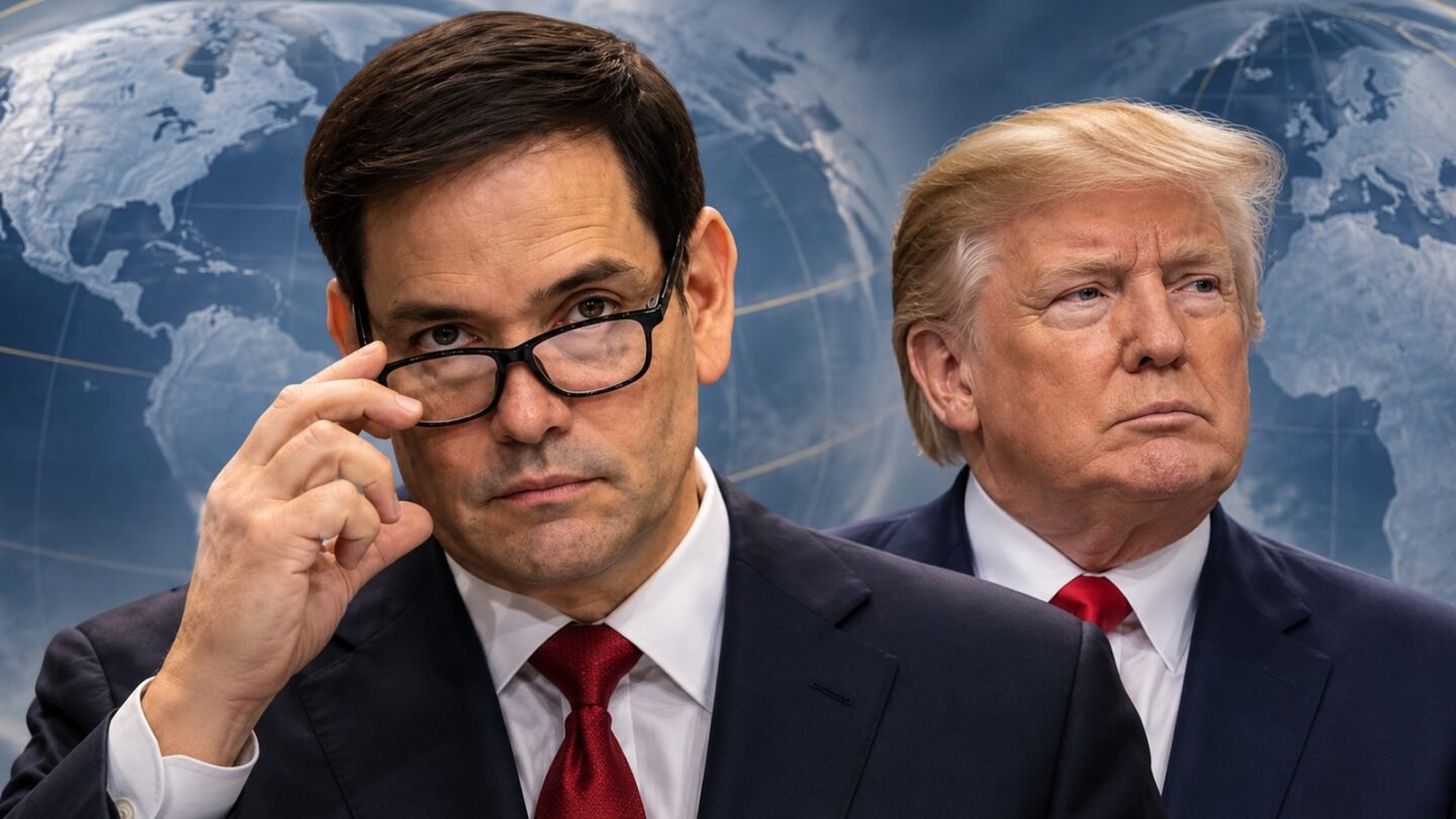 AI-assisted editorial illustration of Marco Rubio and Donald Trump against a globe background.