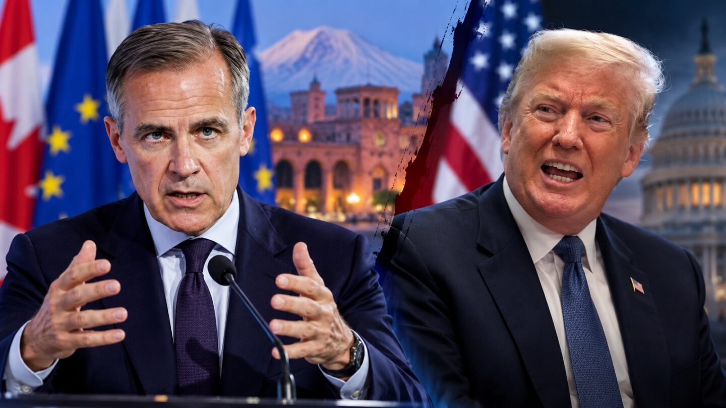 AI-assisted editorial illustration of Mark Carney and Donald Trump representing the Carney global order debate over Europe and U.S. leadership.